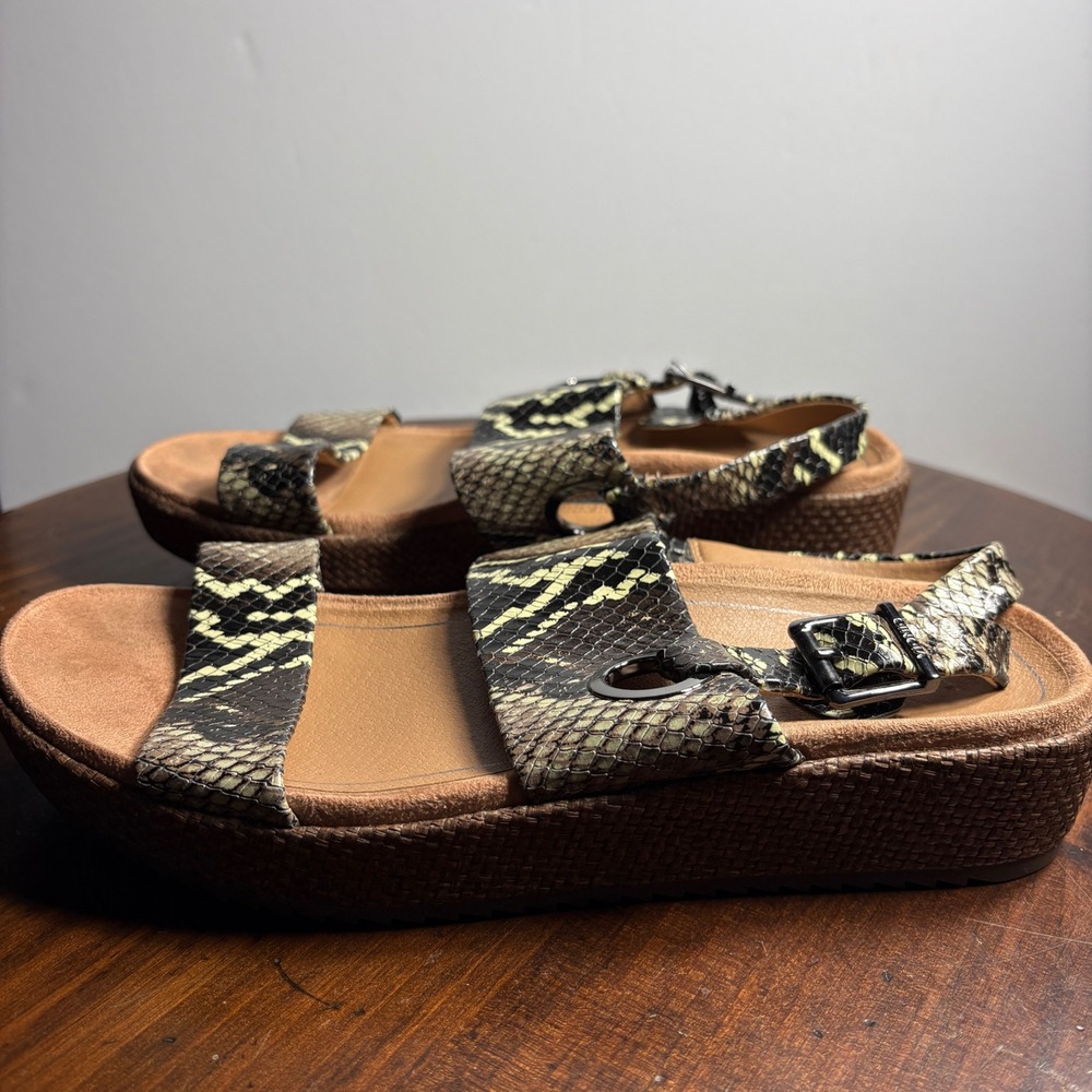 Vionic Sandals Women 9 Brown Louise Platform Snake Print Orthotic Buckle Casual